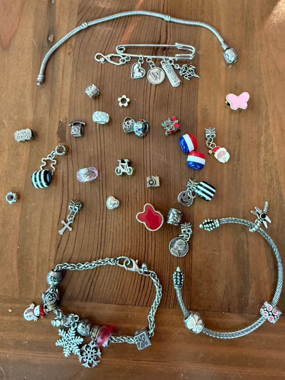 Silver Charm Bracelet Set with Red and Pink Accents